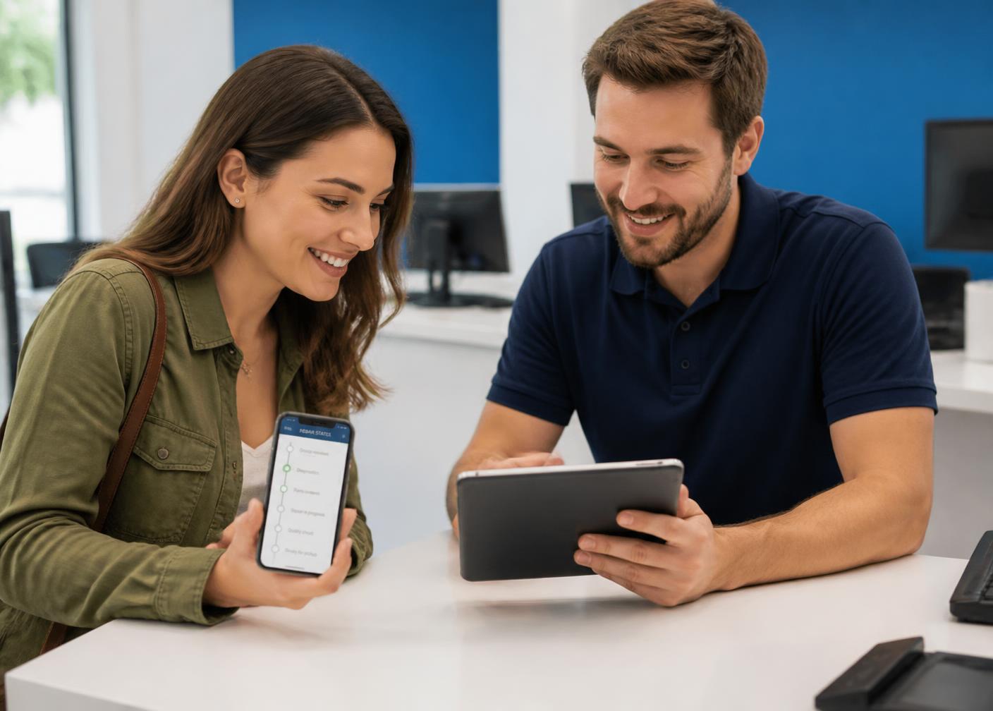 Cliente revisando el estado de su orden en el celular mientras un técnico le explica la cotización
