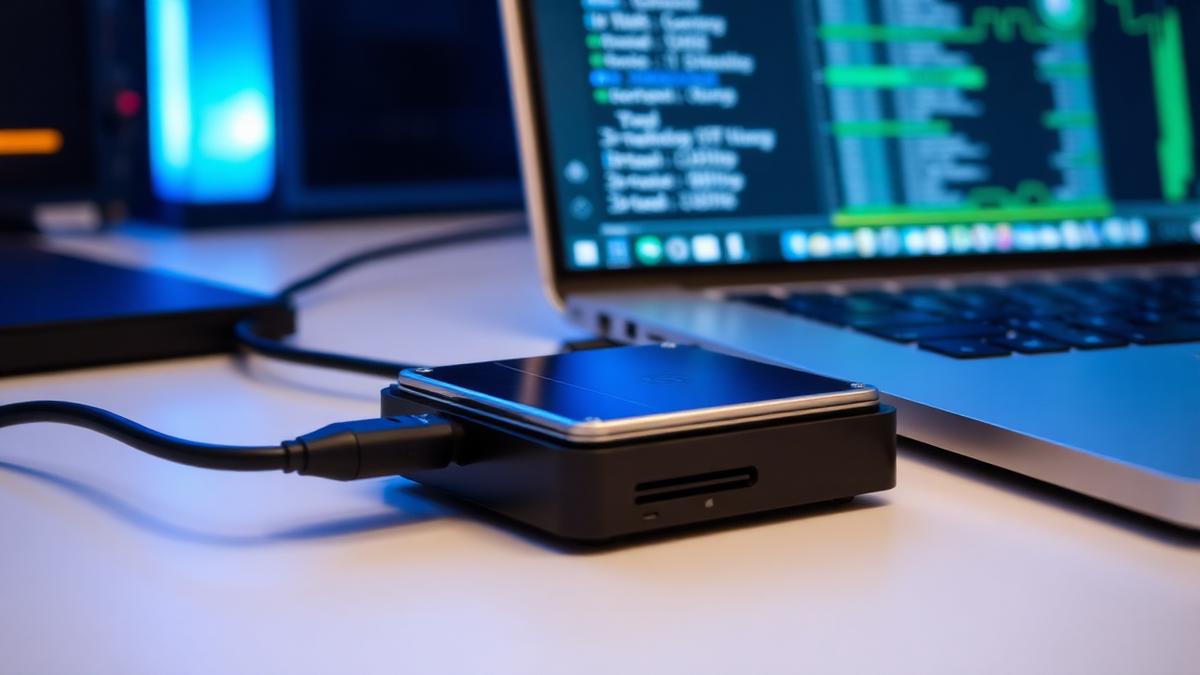 Disco externo conectado a una laptop realizando un respaldo