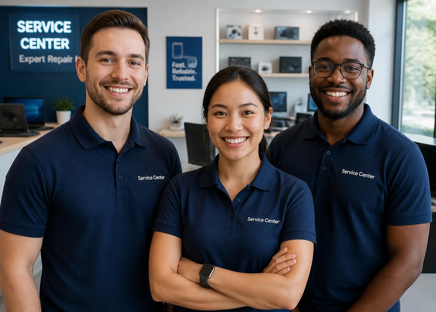 Equipo de trabajo del Centro de Servicio TECHMEDIA en el área de recepción