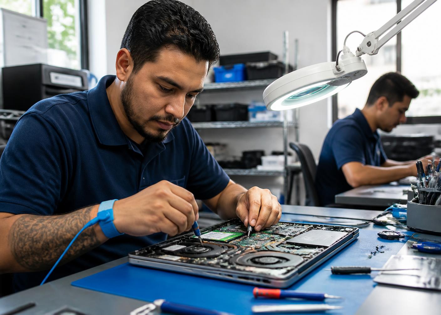 Técnico de TECHMEDIA reparando la placa de una laptop en el taller